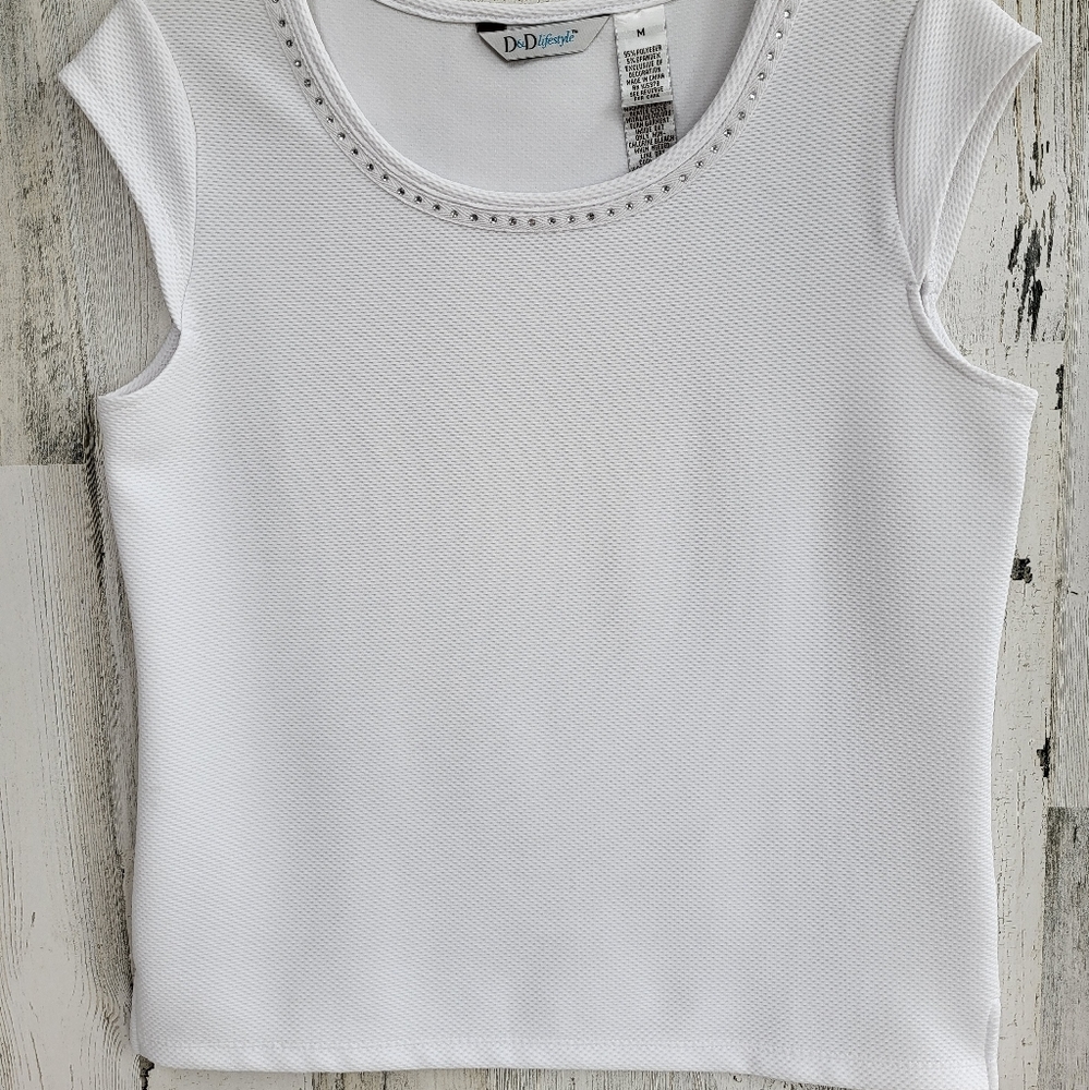 Textured White Top-Tiny Round Rhinestone Neckline